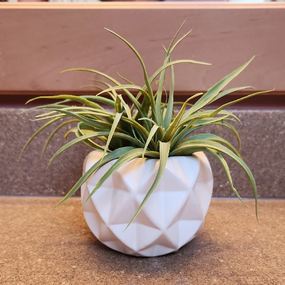 Geometric White Planter with Green Faux Plant
